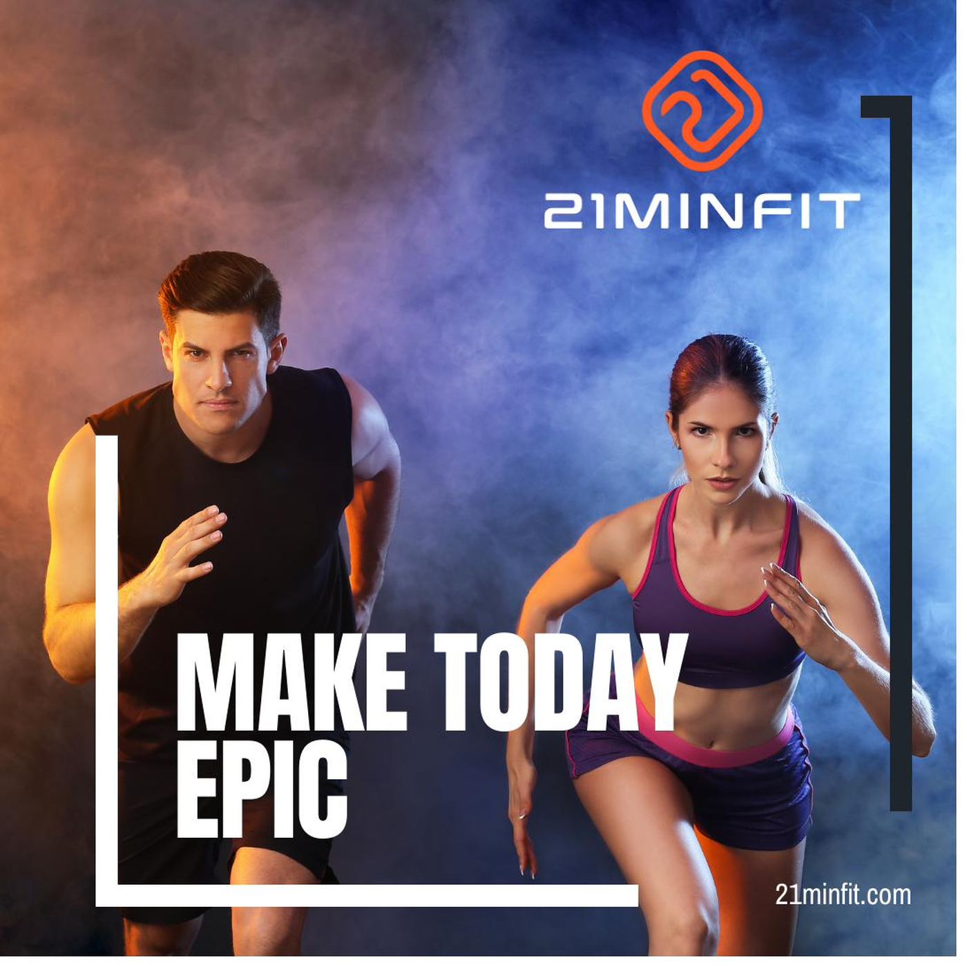 21MinFit trainers mid-sprint, high energy studio shot